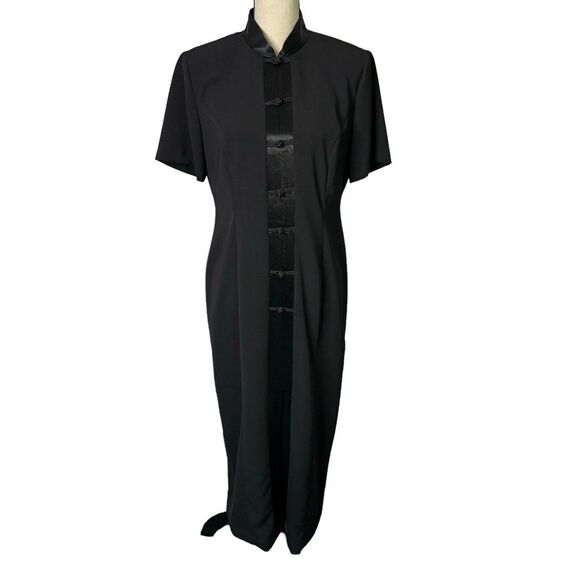 Bedford Fair Lifestyles Maxi Dress 12P Black Short Sleeve Faux Knot‎ Button VTG - Picture 1 of 13